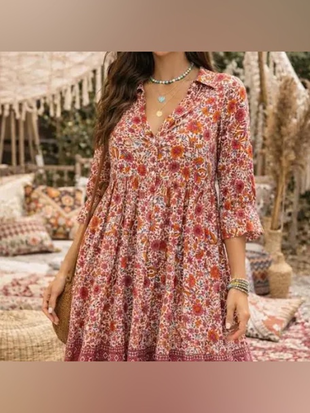 Natural Life Becca Short Dress- Pink Floral Border Size XS